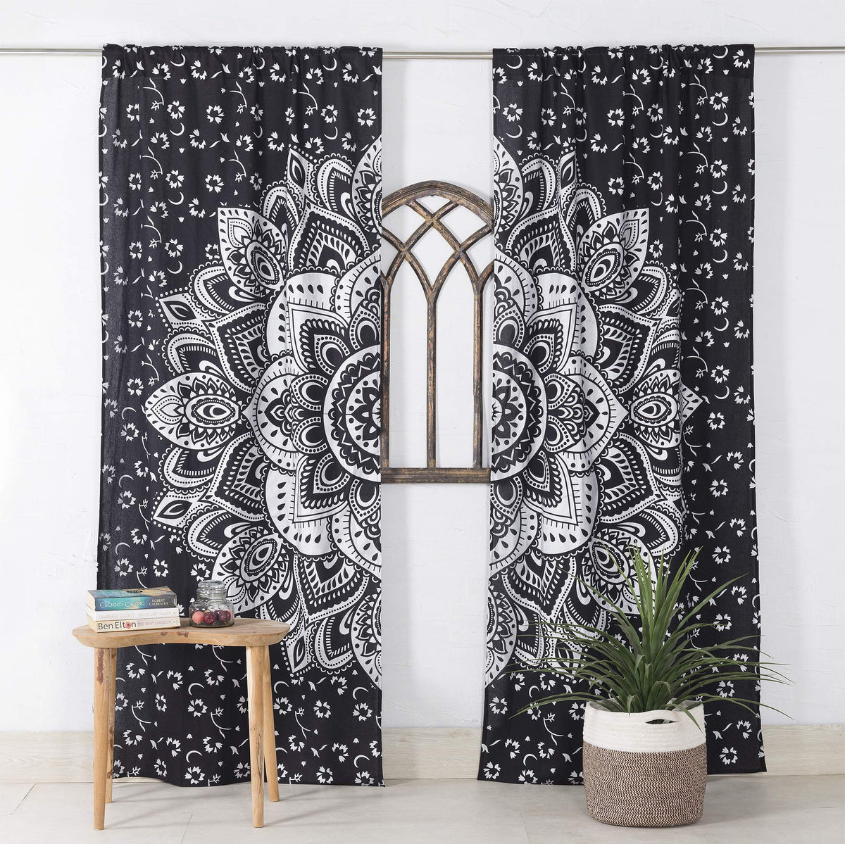 Indian Hippie Bohemian Beautiful Ombre Color Mandala Curtain Panels Black Silver (38"W x 83"L (Pack of 2) / Black Silver)
