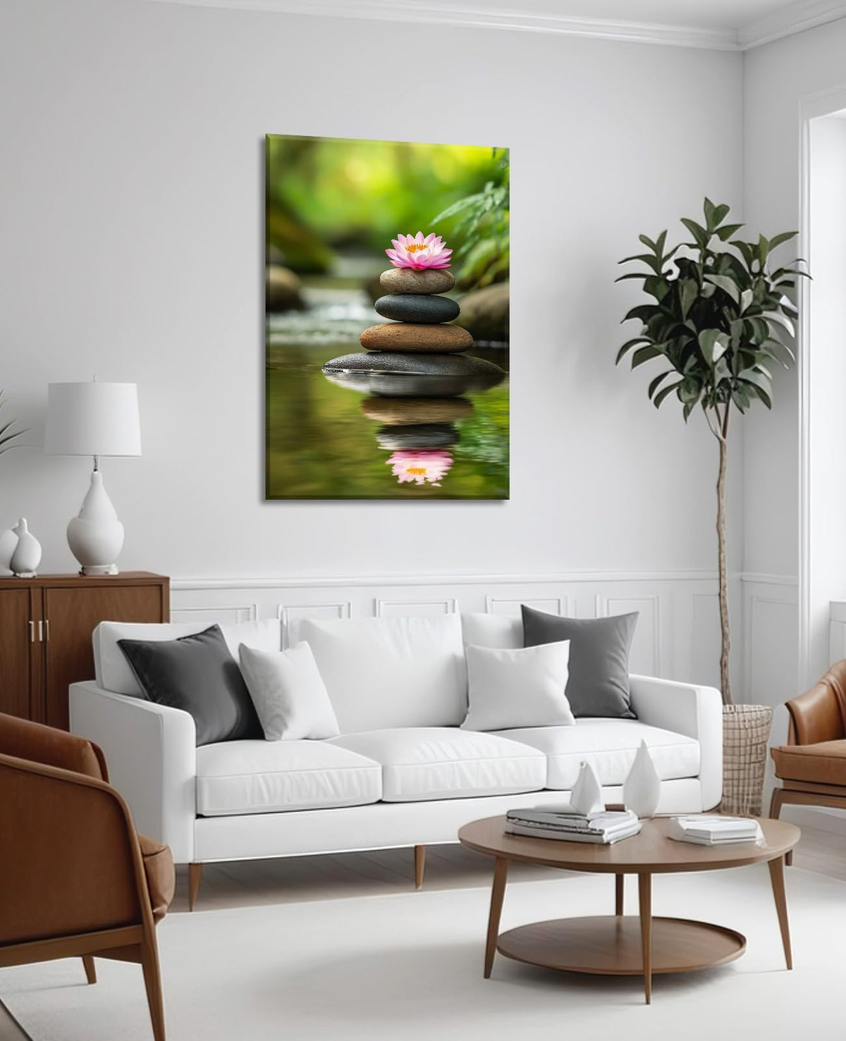 Zen Wall Art Pink Lotus and Spa Stones Picture Meditation Nature Canvas Prints Spiritual Artwork for Bathroom Living Room Office Decor Framed (18"L x 12"W / B - Zen)