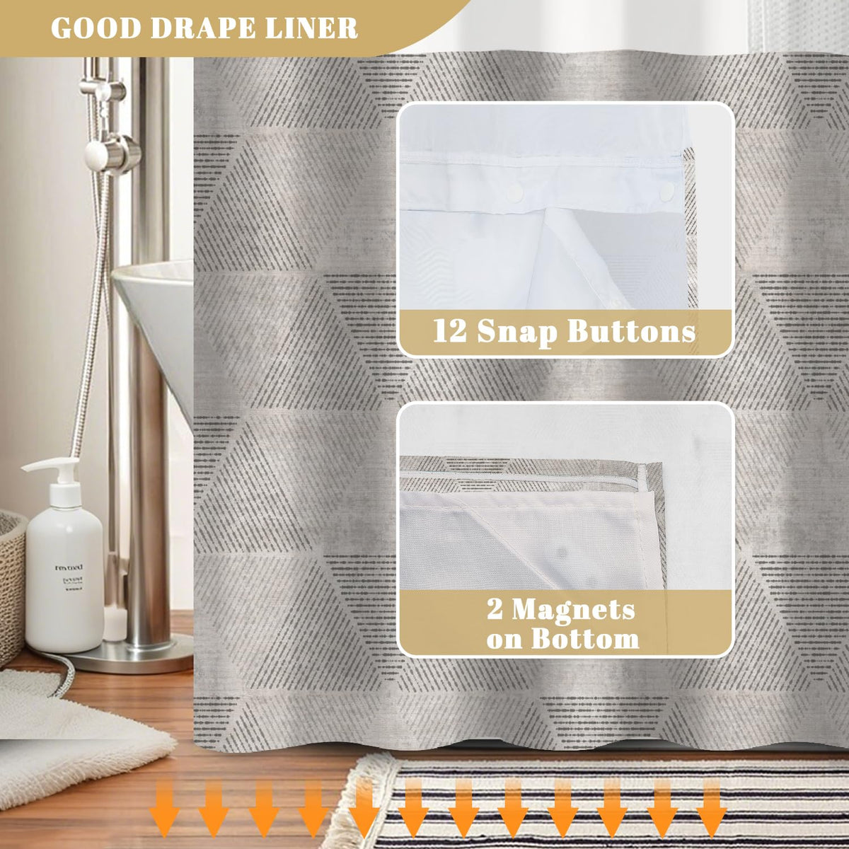 Taupe Abstract Geometric Hook Free Shower Curtain with Snap in Liner (Geometric-4)
