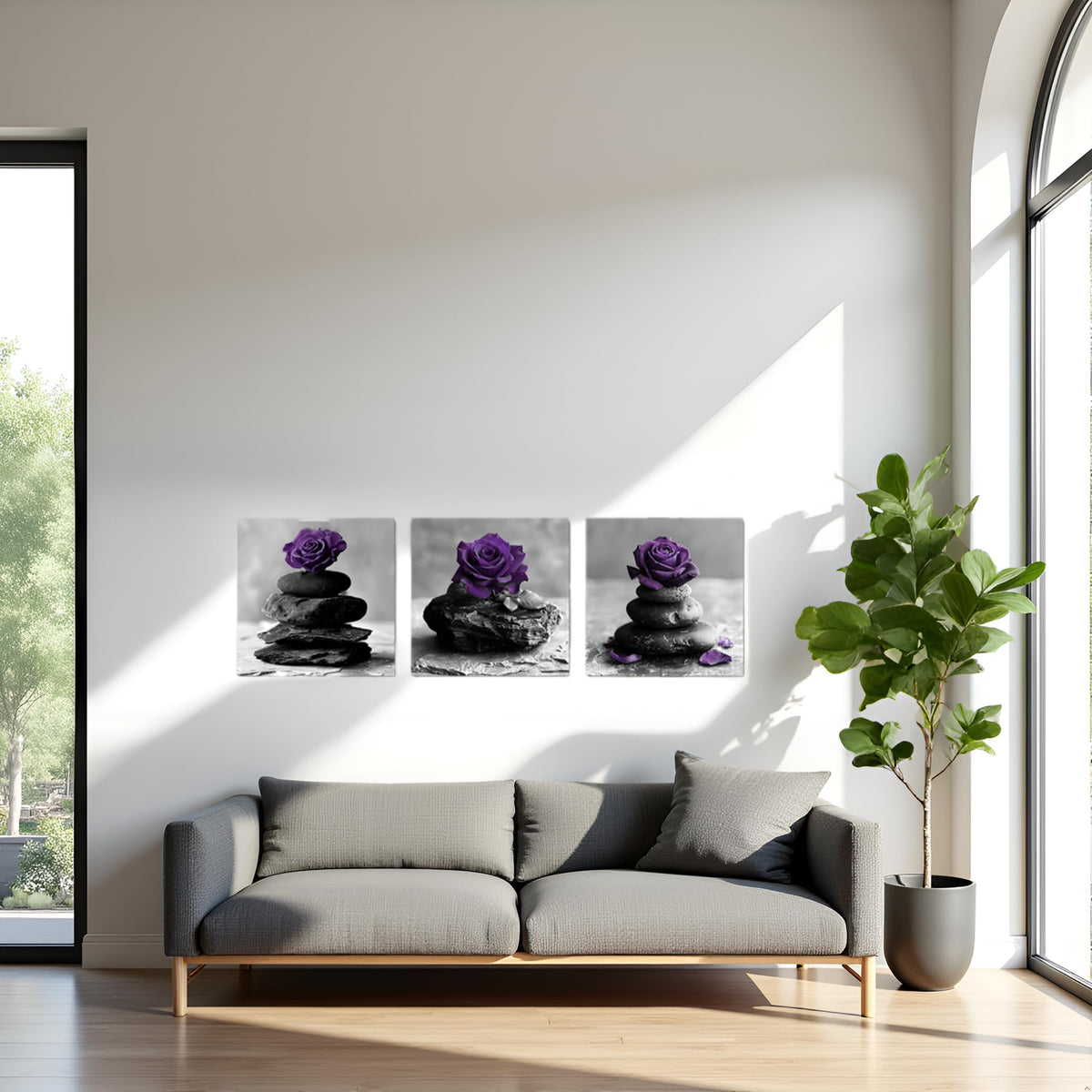 Rose Flowers Wall Art Zen Stones Picture Canvas Print Framed Modern Meditation SPA Room Bathroom Wall Decor (Purple)