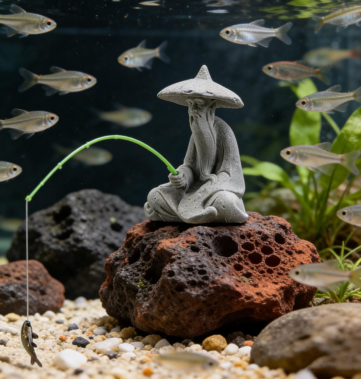 Mini Fisherman Statue Asian Zen Decoration Sitting Fishing Figurines Sandstone Vintage Ornament for Aquarium Fish Tank Pot Garden Home Japanese Decor (Gray)