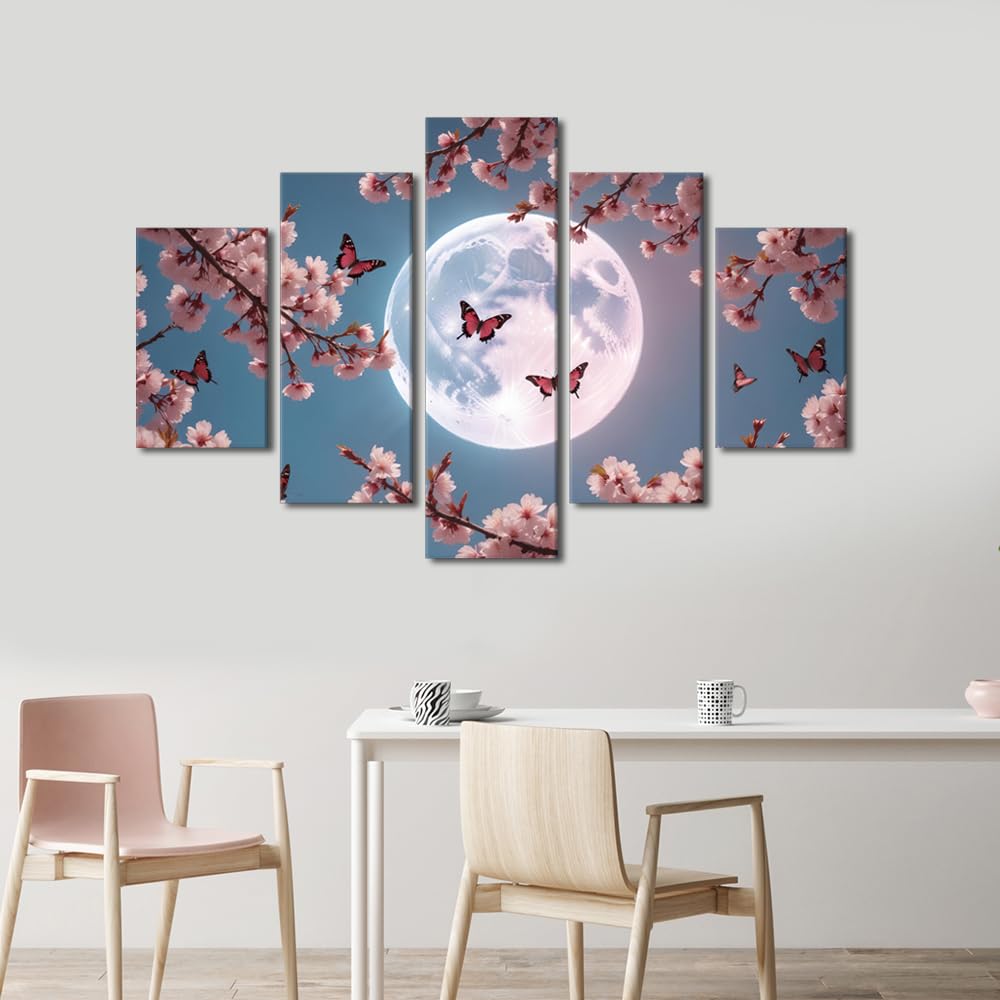 Canvas Wall Art Premium Moon Glow Through Cherry Blossoms Large Framed Poster Nature Inspired Decor Bedroom Wall Display Five Panel Floral Night Artwork 60" Wx40 H‌ (60''Wx40''H / Artwork-09)