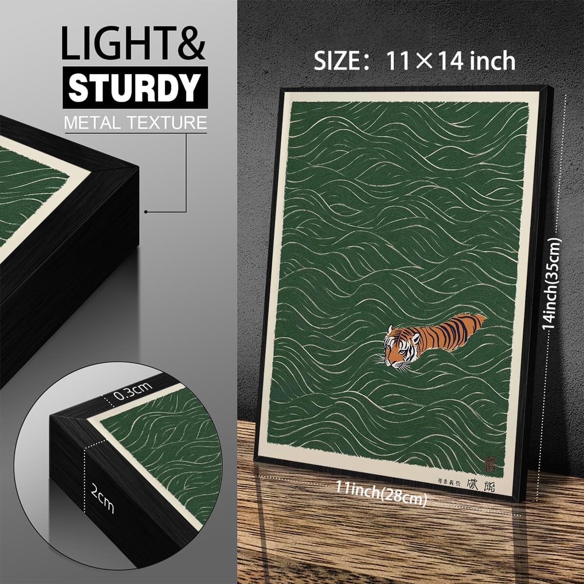 Black Framed Vintage Japanese Tiger Swimming Prints 11x14in Ukiyo (Black Framed / Japanese Art 004 / 14"L x 11"W)