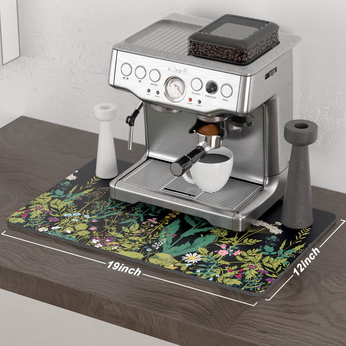 Coffee Mat 12" x 19" Cute Flower Theme Coffee Bar Mats for Espresso Machine Station Accessories and Organizer (Midnight Flower / 12" x 19")
