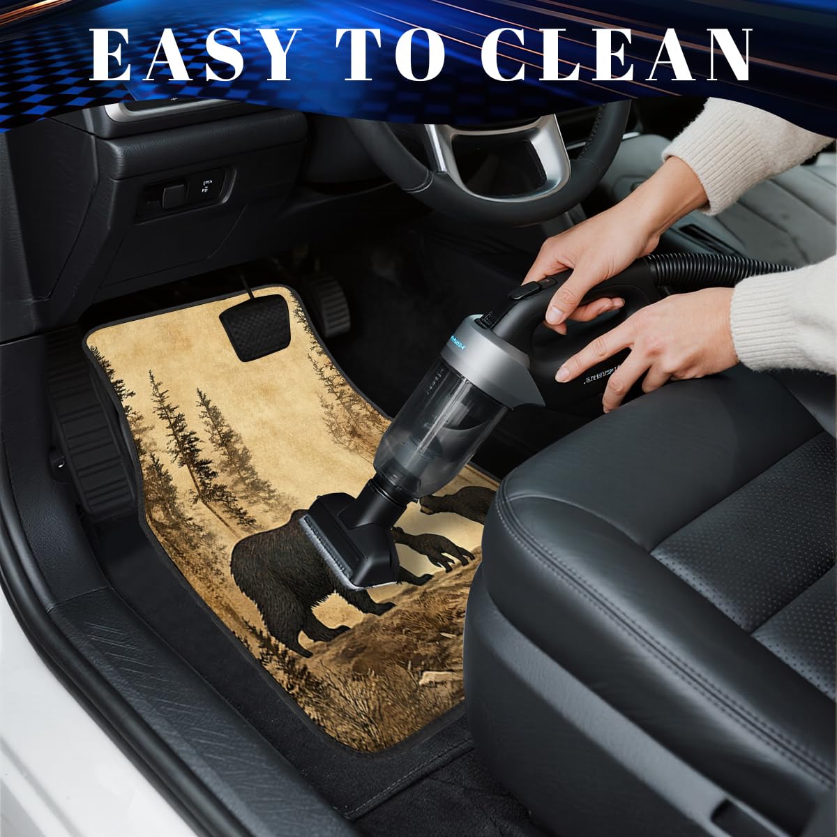 Black Bears Car Floor Mats Set of 4 Old Fashioned Fabric Pine Forest Carpet Front Rear Carpets Mat Non (26.8"L x 17.3"W x 0.4"Th / Black Bears)