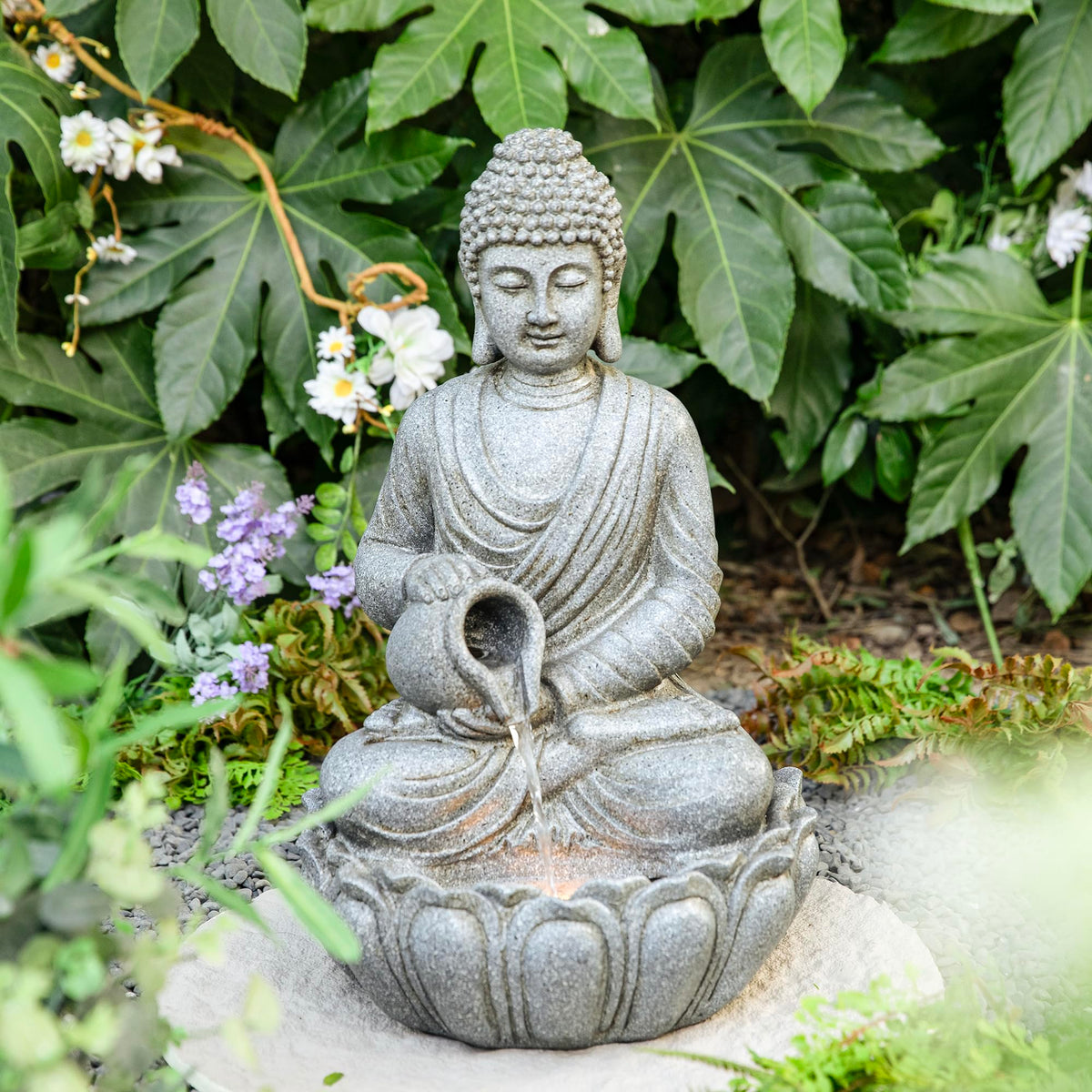 Buddha Fountain Outdoor 20.5" H (Concrete Buddha W/Lotus Basin / 20.5"H)