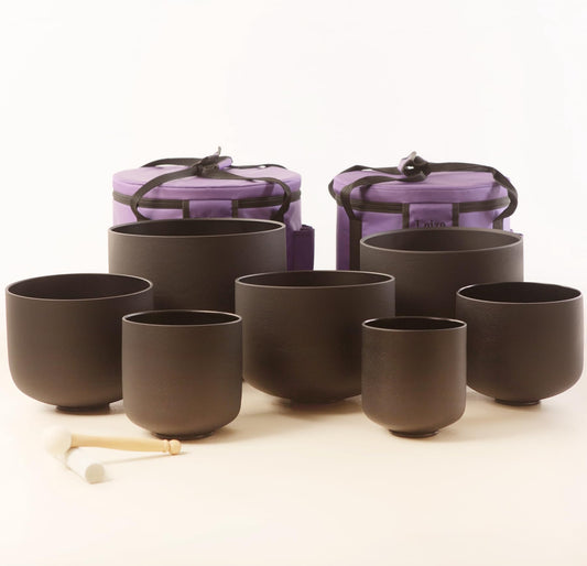 6 12 inch Chakra Tuned 432hz Set of 7 Quartz Black Crystal Singing Bowls with Heavy Duty Carrying Cases and Singing Bowl Mallet Suede Strikers (Set of 7, 6-12 inches / Black)