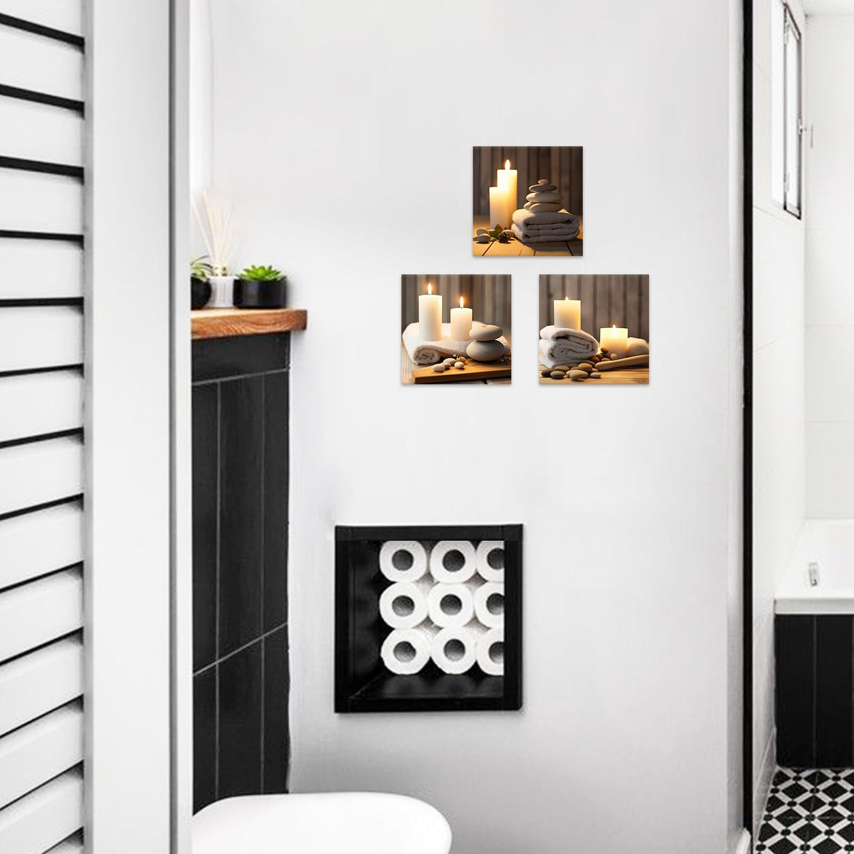 Zen Canvas Wall Art 3 Piece Bath Towel Candles And Zen Stones Picture Print Bathroom Beauty Spa Treatment Meditation Room Wall Decor Framed (A / 12"x12"x3)