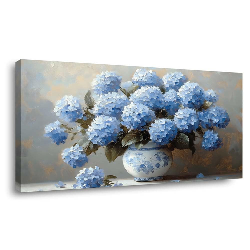 Blue Hydrangea Canvas Wall Art Floral Chinoiserie Vase Painting Flat Print Gallery Wrapped Classic Elegance Artwork for Living Room Bedroom Bathroom Decor (Bohemian / White Hydrangea Vase 2 / 46"L x 23"W)