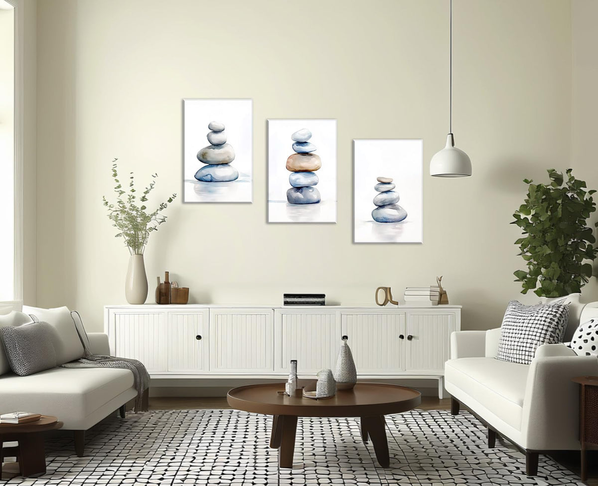 Zen Canvas Wall Art 3Pcs Spa Stones Picture Meditation Spiritual Painting Balancing Stones Watercolor Poster for Living Room Yoga Room Bathroom Wall Decor Framed (Zen-8 / 12.00"x16.00"x3P)
