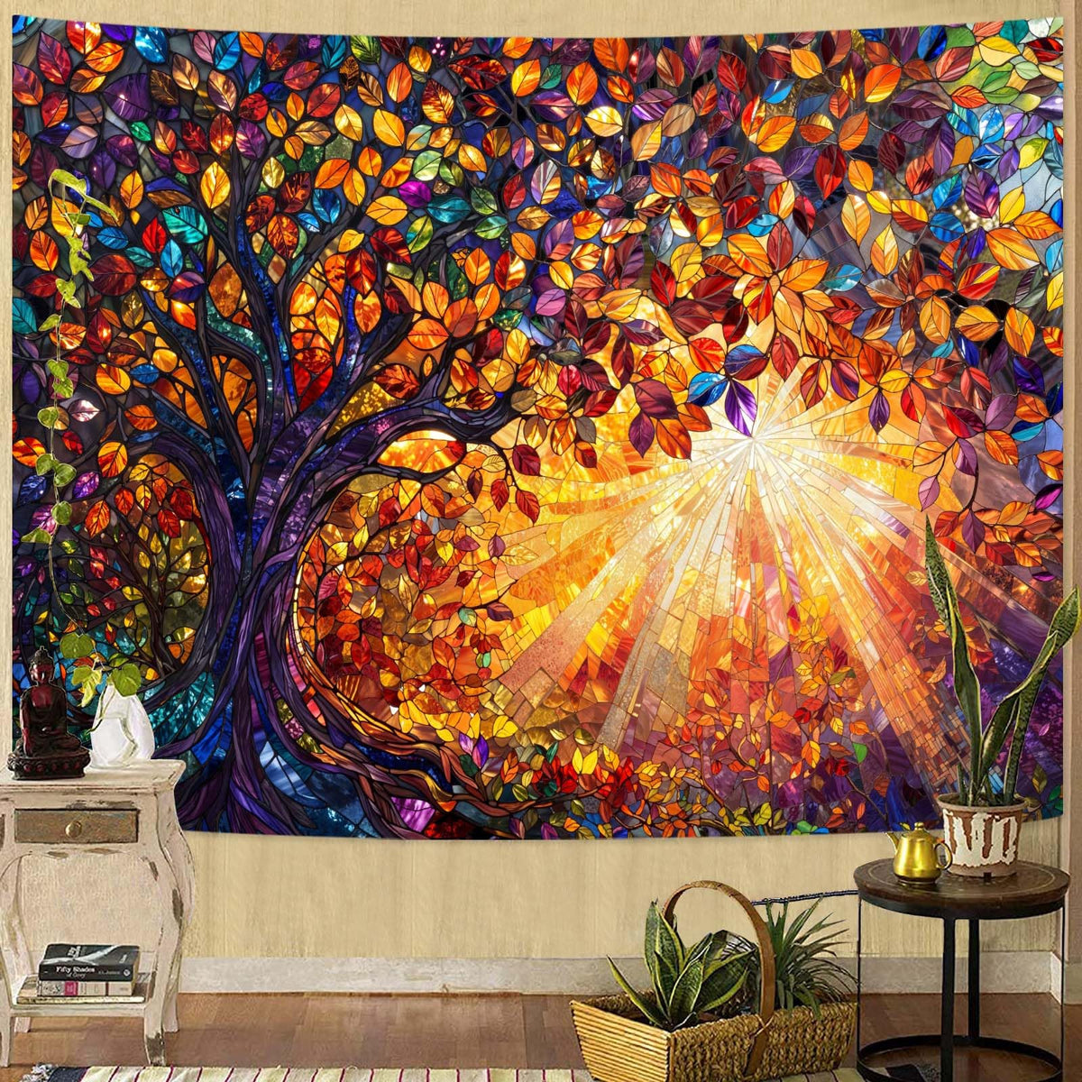 Tree of Life Tapestry Stained Glass Tapestry Wall Decor Tapestries for Bedroom Art Tapestries Wall Hanging for Bedroom Living Room Glass (90"L x 70"W / Colorful Orange)