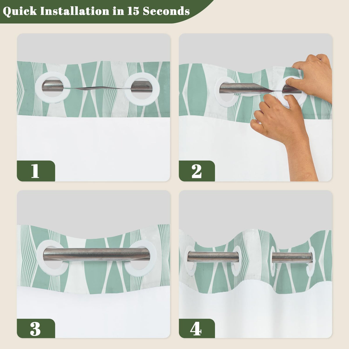 No Hook Shower Curtain with Snap in Liner Set (Geometric Wave)