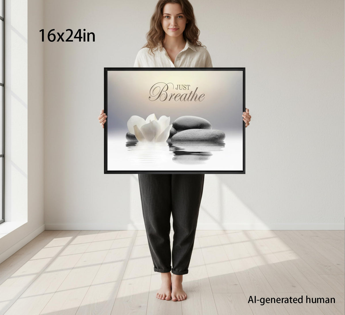 Framed Zen White Lotus Wall Art (Horizontal Zen / 24"L x 16"W)