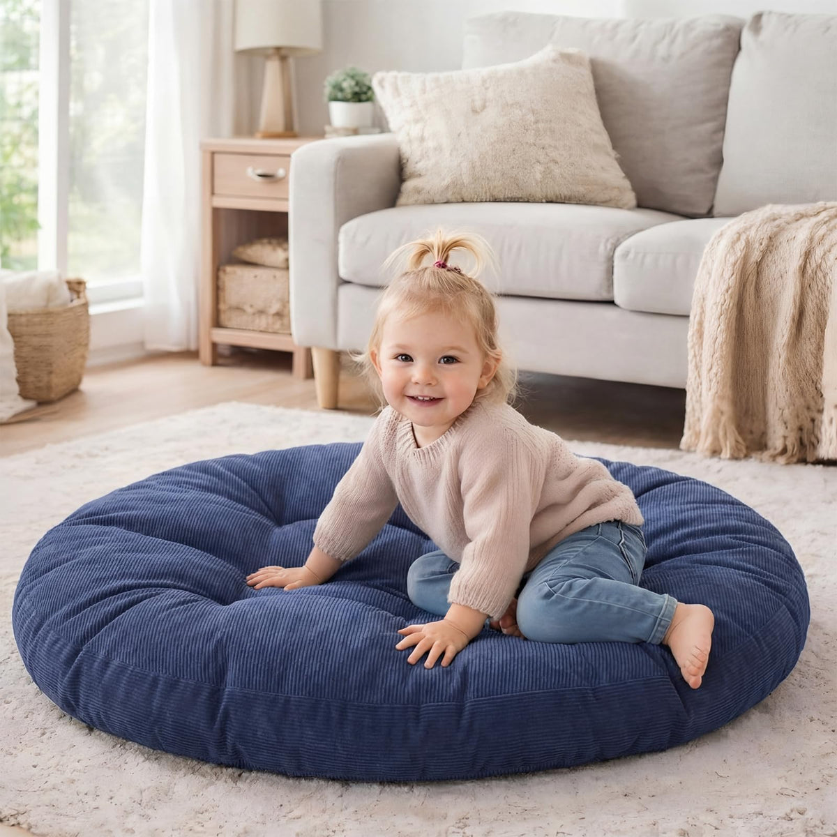 35in Extra Large Round Floor Pillow for Adults (Dark Blue / Classic)