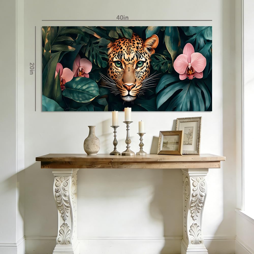 Tropical Jungle Leopard Canvas Wall Art Dark Green Monstera Leaves Pink Orchid Flower Wildlife Painting Print Gallery Wrapped Artwork for Living Room Living Room Bedroom Bathroom Decor (Abstract / White Leopard Jungle 2 / 40"L x 20"W)
