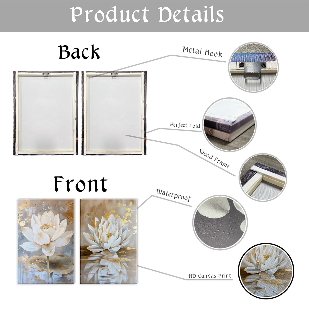 Zen Wall Art 2 Piece White Lotus Blooming Painting Artwork White Gold Lotus Flower Poster Artwork for Bedroom Living Room Bathroom Yoga Spa Room Decor (Artwork-3 / 12"x16"x2pcs)