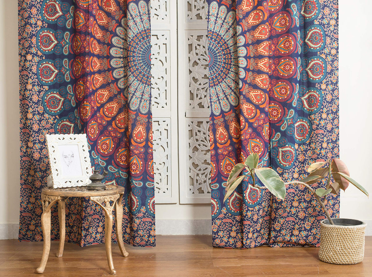 Blue Hippie Mandala Curtains 100 Inch Length for Living Room Bedroom 2 Panels Set Light Filtering Semi Sheer Window Curtains 84 Inch Width Boho Farmhouse Drapes W84xL100 Multicolor (Blue Multicolor / 84"W x 100"L (Pack of 2))