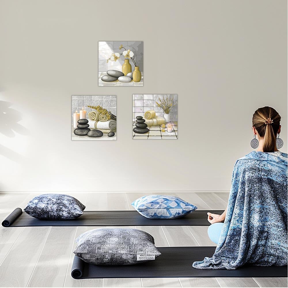 3 Piece Canvas Wall Art Zen Spa Themed Bathroom Wall Decor Zen Stones Painting with Candles Towels Lavender Orchids Prints Home Office Decor Framed (Yellow / 12"x12"x3 Pieces)