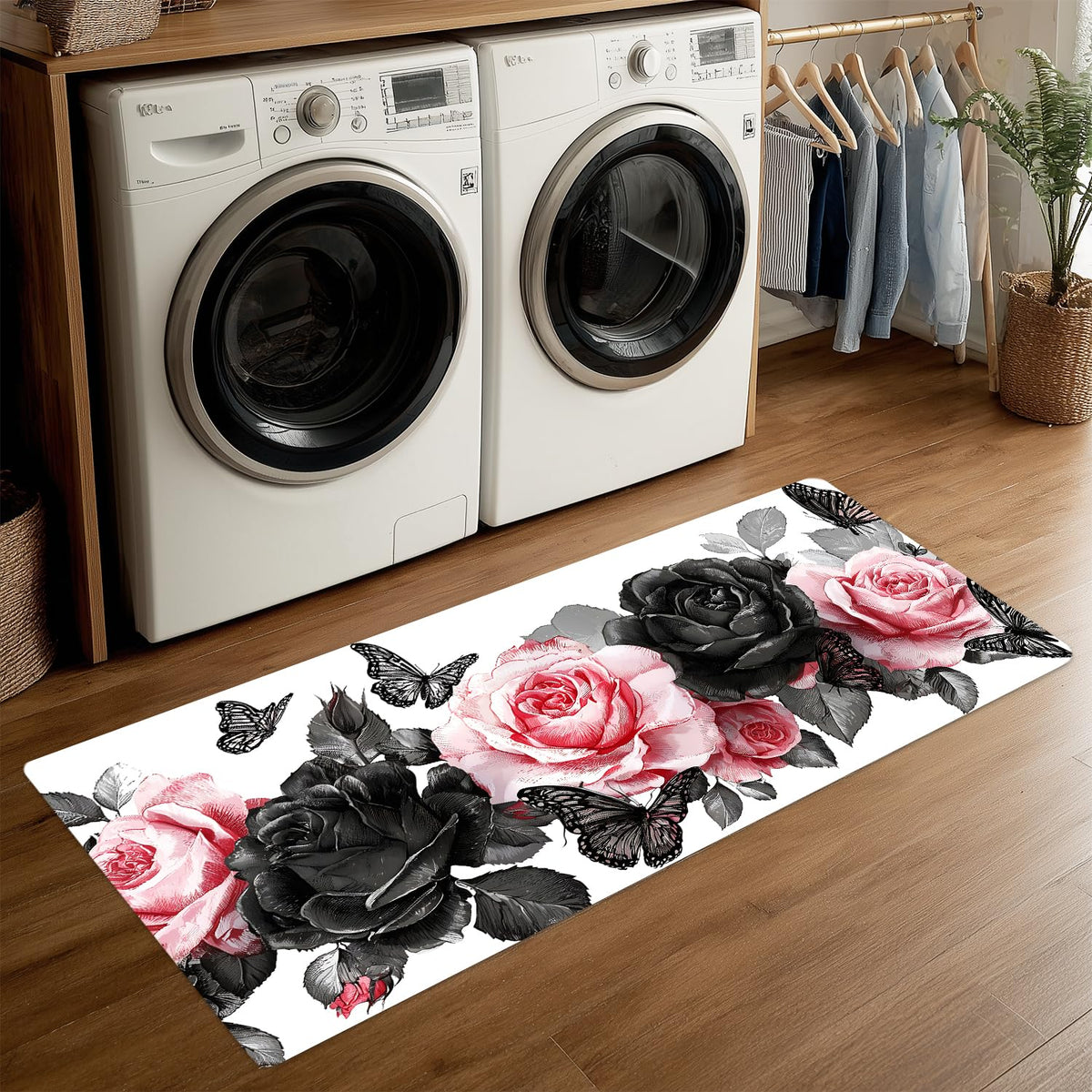Pink and Black Rose Valentine's Day Laundry Room Rug 20x47 Inch (#54)