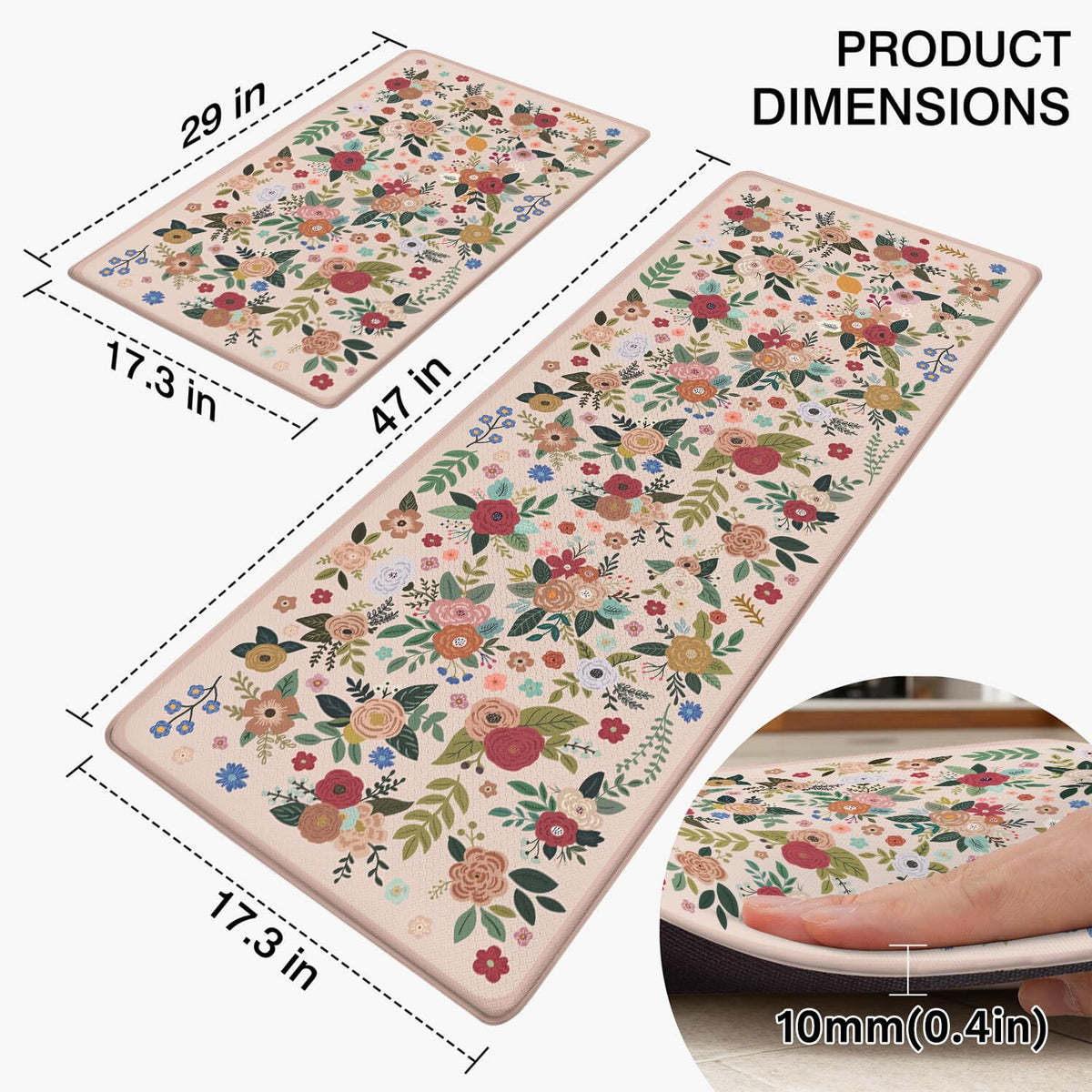 Anti Fatigue Boho Kitchen Rugs Set of 2 (Floral-pink)