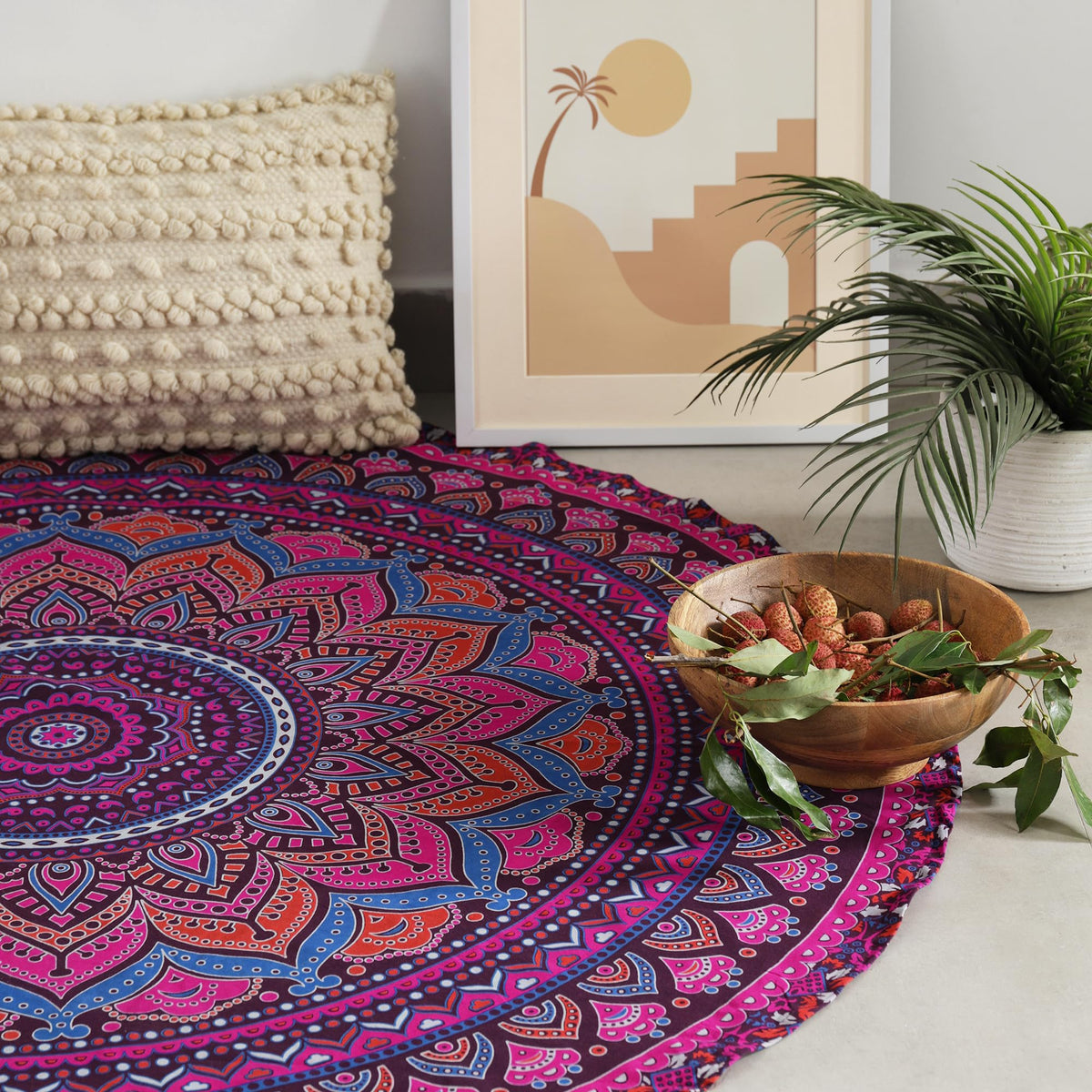 Round tapestry Indian Ombre Mandala Roundie Beach Throw Tapestry wall hanging Hippy Boho Gypsy Cotton Tablecloth Yoga Sheet 50" Purple (Barmeri Purple / 50"L x 50"W)