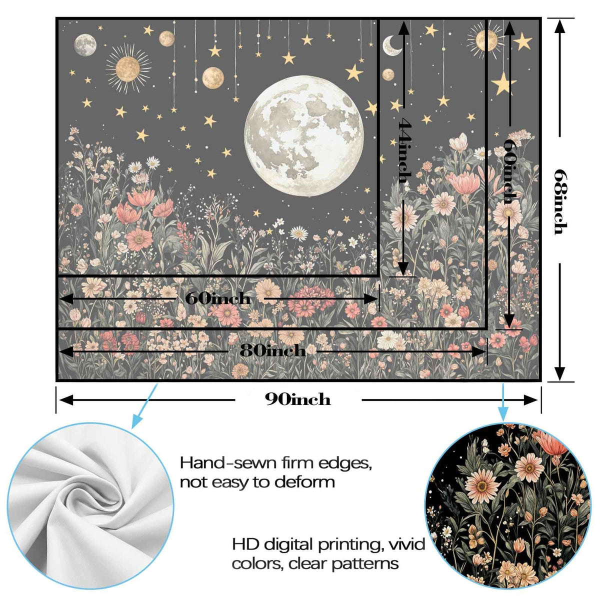 Enchanted Floral Night Sky Tapestry (80"L x 60"W / Black Moon)