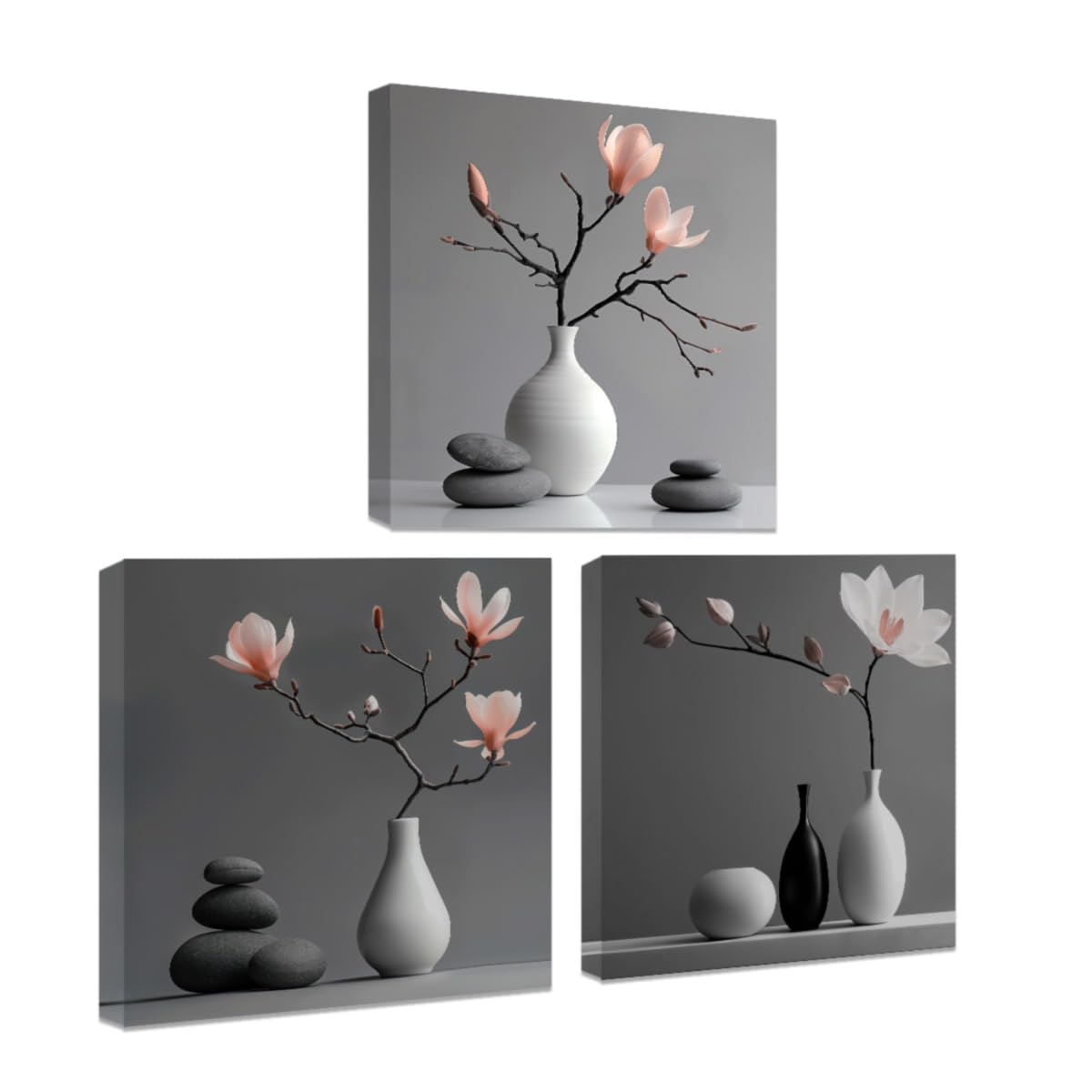 3 Piece Zen Wall Art Zen Flowers Pictures Black And White Grey Artwork Magnolia Stone Canvas Prints Bathroom Spa Decor Framed (Pink / 12"x12"x3 Pieces)