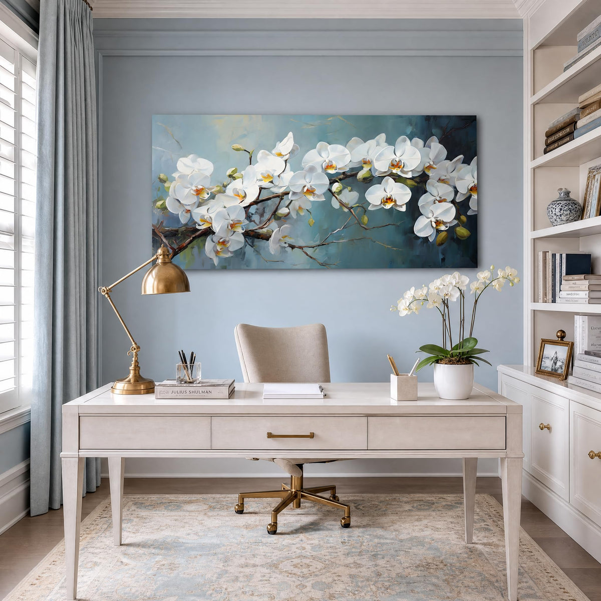 White Orchid Canvas Wall Art Floral Branch Painting Light Blue Background Flat Print Gallery Wrapped Botanical Artwork for Living Room Bedroom Bathroom Decor (Mysterious / White Orchid Blossom 30 / 40"L x 20"W)