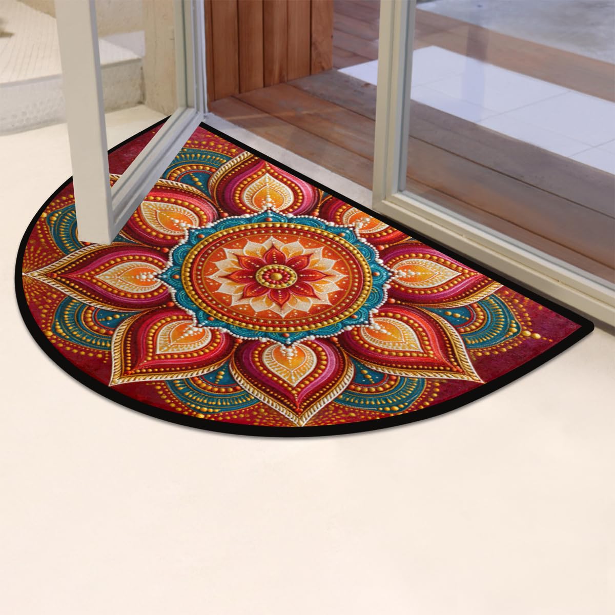 Mandala Half Round Door Mat Indoor Entrance Semi Circle Area Rugs (Z Mandala Red Flower Boho)