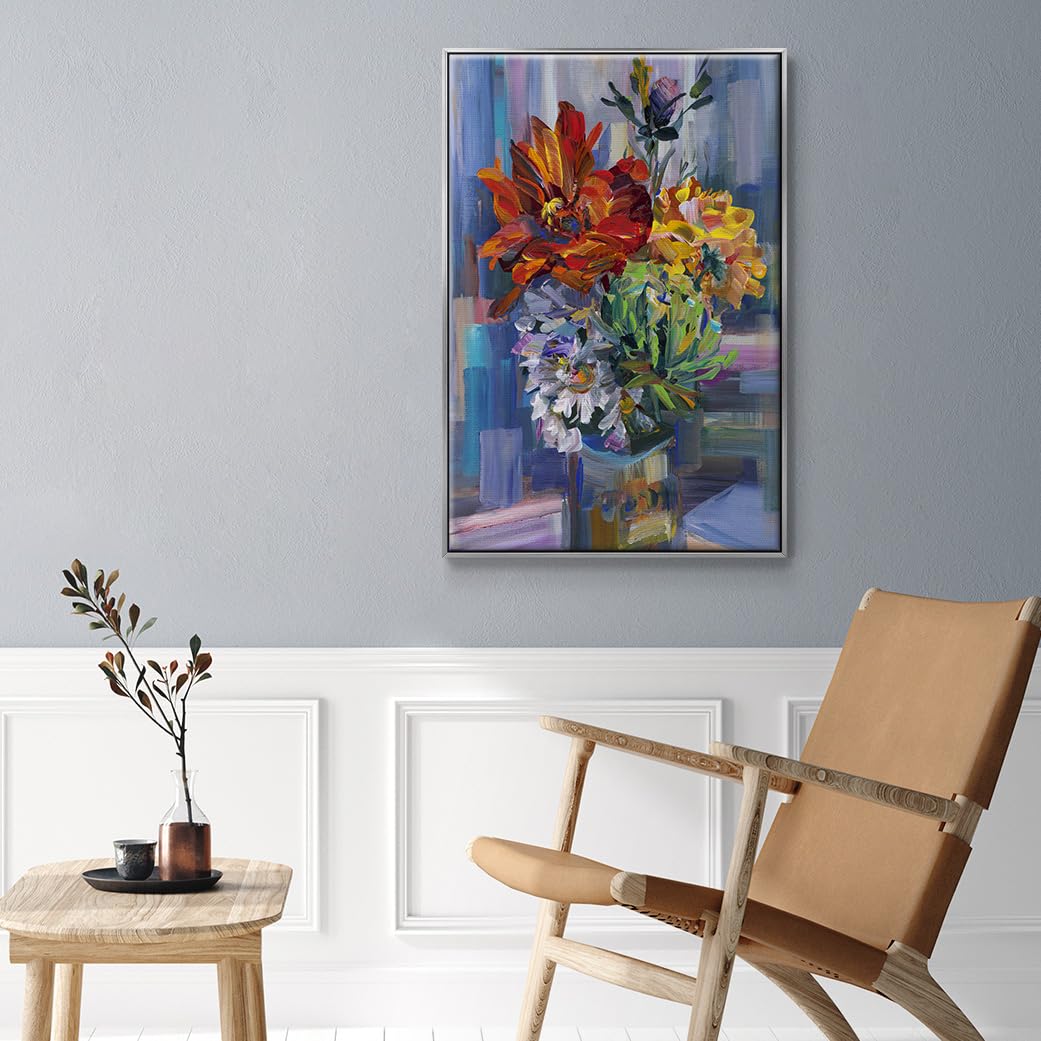 Abstract Wall Art Silver Floating Frame Paintings Multicolor Pastel Flowers in a Vase Canvas Hanging Artwork Prints for Bedroom Office Kitchen (41"L x 27"W / Modern Bouquet)