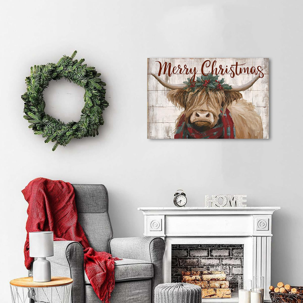 Funny Highland Cow Canvas Wall Art Merry Christmas Wall Decor Christmas Farmhouse Cow Prints Poster Rustic Farm Animal Painting Pictures Western Artwork for Living Room Kitchen Home Decorations 16x24" (24"L x 16"W / Xmas Cow)