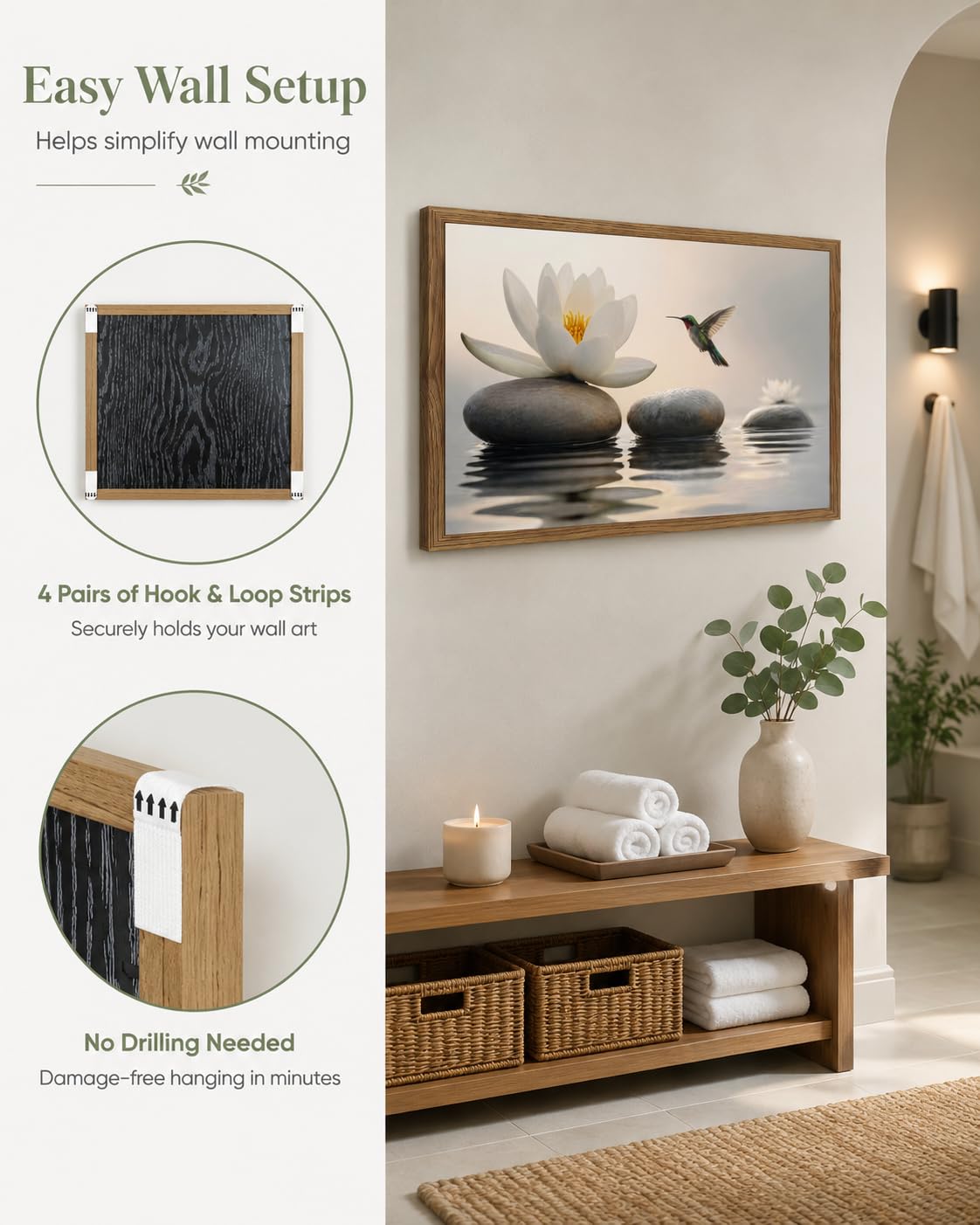 Wood Framed Zen Stone Wall Art Spa Lotus Flower Hummingbird Wall Decor (Hummingbird / 16"L x 24"W)