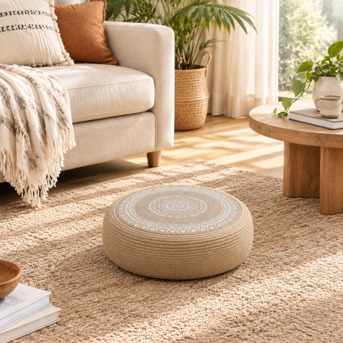 Handwoven Jute Pouf Ottoman (Yellow Brown White / 19.7"D x 19.7"W x 7.9"H)