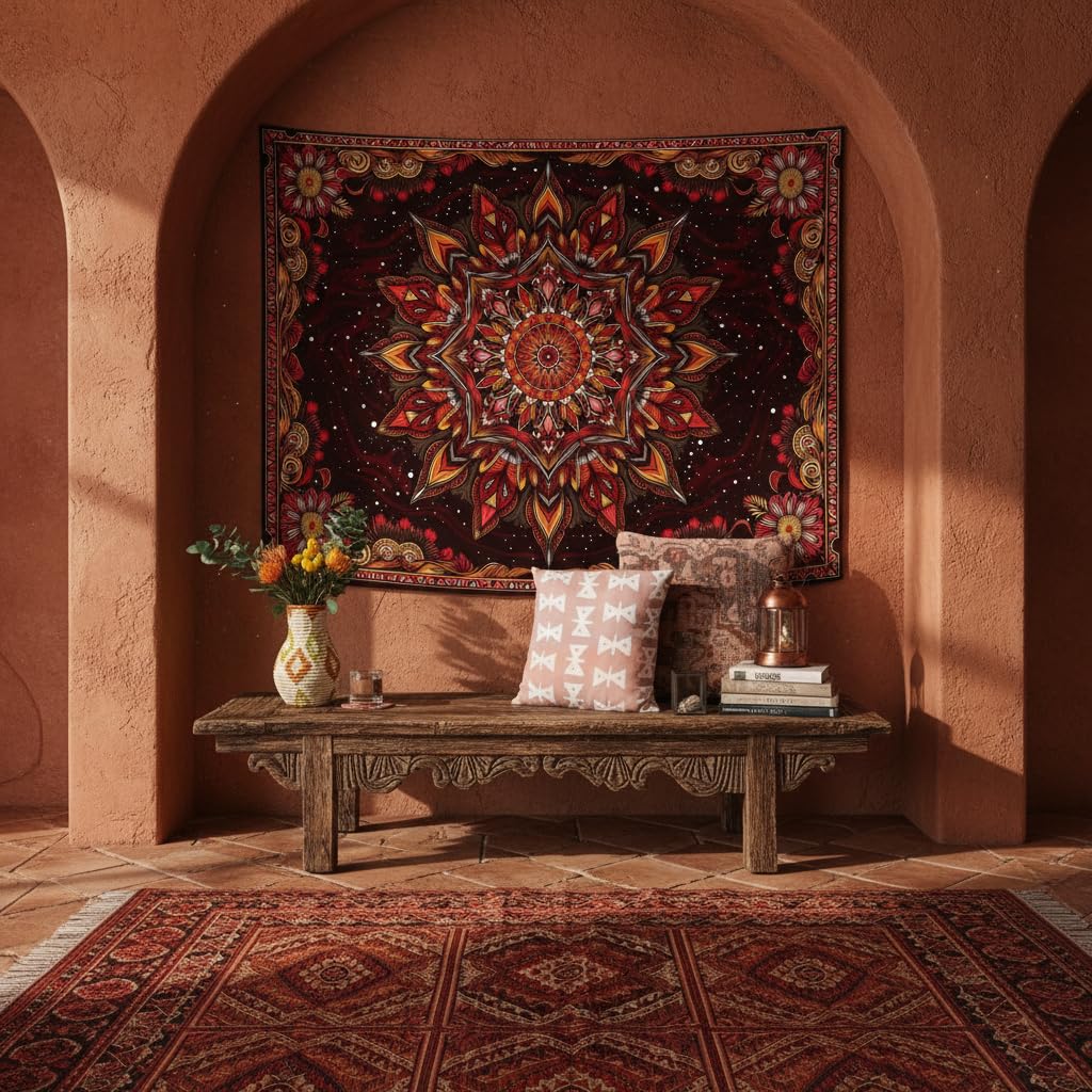 Mandala Floral Tapestry Wall Hanging Boho Red Orange Tapestry Aesthetic Hippie Vintage Bohemian Flower Indian Cute Small Tapestries for Bedroom Living Room Dorm Decor 48 x 36 Inch (Bohemian / Red Orange / 48"L x 36"W)