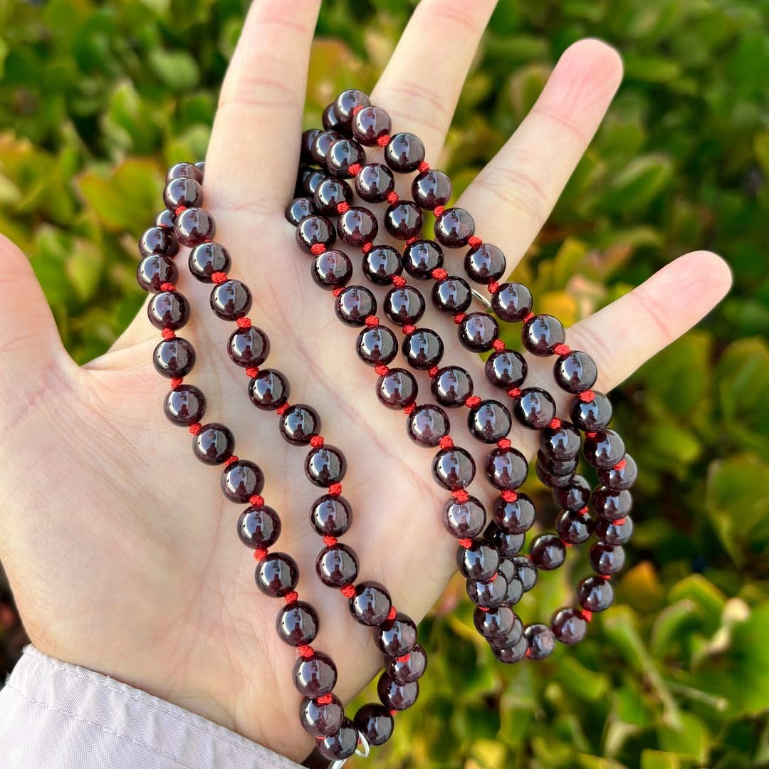 Real 108 Mala Beads 8mm Dark Red Garnet Stone Beaded Necklace (Dark Garnet)