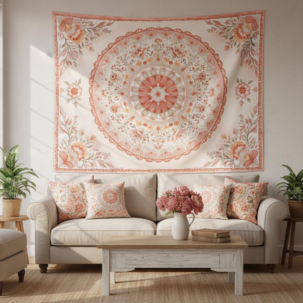 Pink Mandala Tapestry Wall Hanging Boho Floral Tapestry Aesthetic Watercolor Flower Medallion Cute Large Tapestries for Bedroom Living Room Dorm Decor 80 x 60 Inch (Bohemian / Peach Pink / 80"L x 60"W)