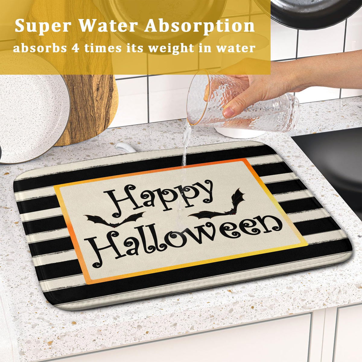 Happy Halloween Bats Dish Drying Mat for Kitchen Counter (Happy Halloween Bats230807 / 16" x 18")