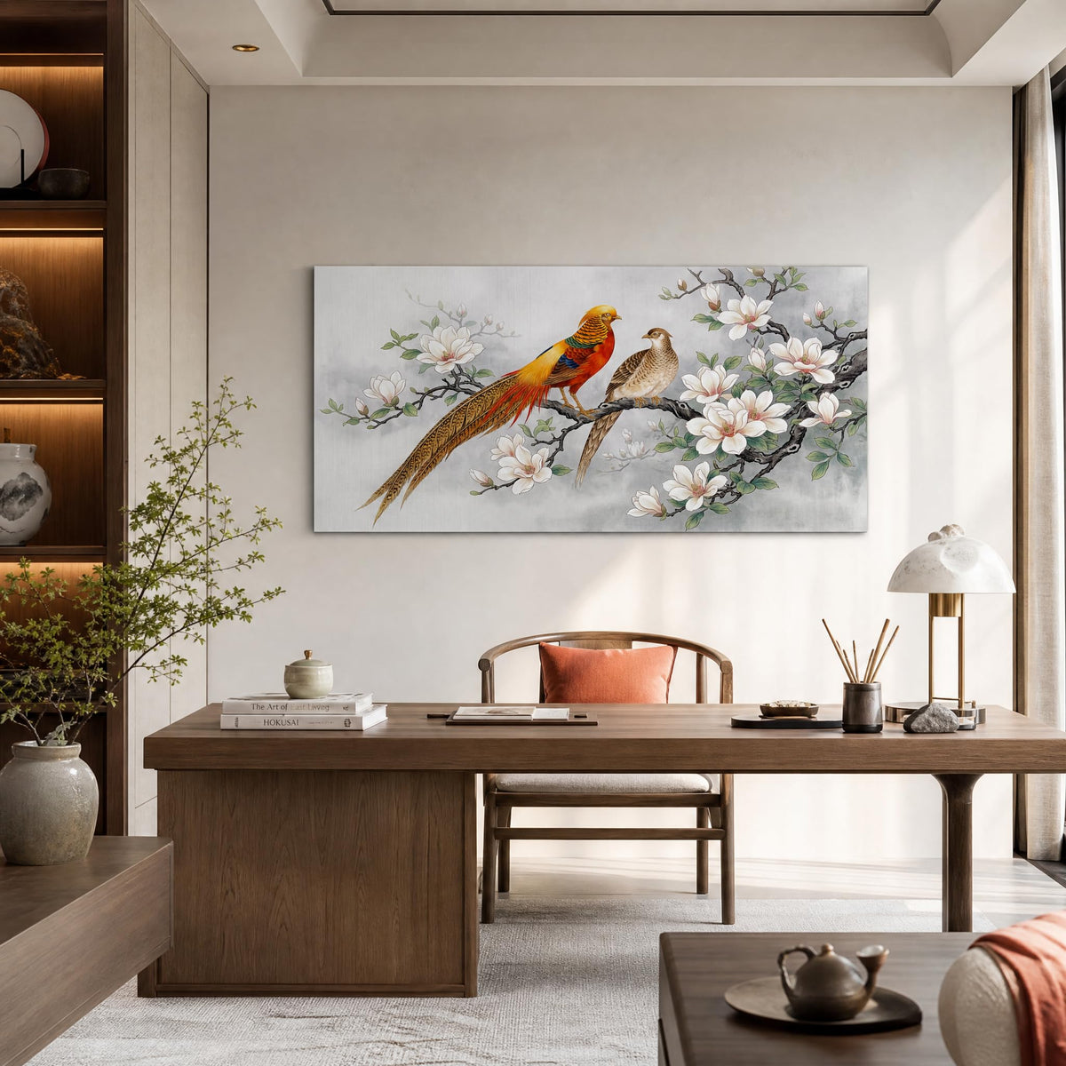 Oriental Golden Pheasant Canvas Wall Art White Magnolia Chinoiserie Painting Flat Print Gallery Wrapped Asian Bird Artwork for Living Room Bedroom Bathroom Decor (Wildlife / White Golden Pheasant Couple 26 / 40"L x 20"W)