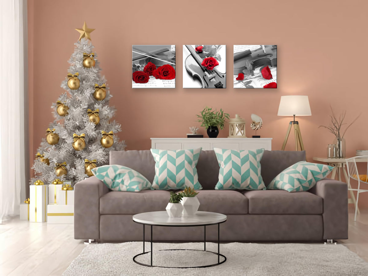 Canvas Print 3 Pcs Black and White Red Rose Canvas Art Painting Abstract Wall Art Decorations Flower Picture on Canvas for Home Decor Stretched and Framed (14 x 14 inches (3-Piece Set) / Violin and Rose)