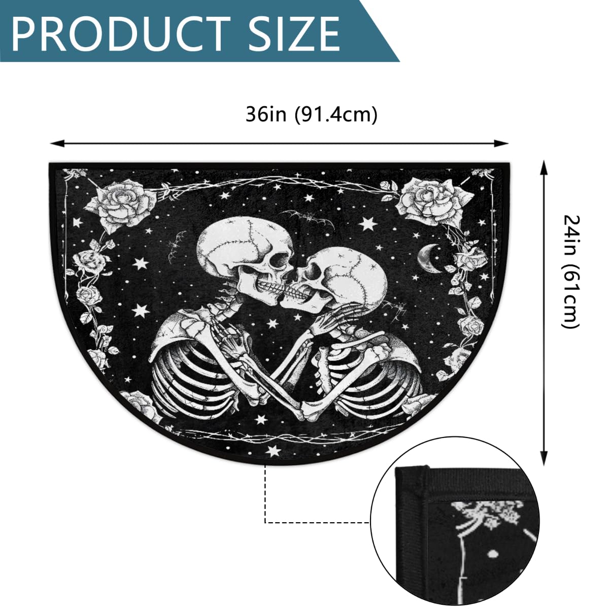 Half Round Doormat Halloween Skull Skeleton Goth Washable Semi Circle Rug Non Slip Absorbent Half Moon Rug Kitchen Floor Mat for Indoor Outdoor Bathroom Patio Front Welcome Fireplace Hearth (A01:halloween Skull)