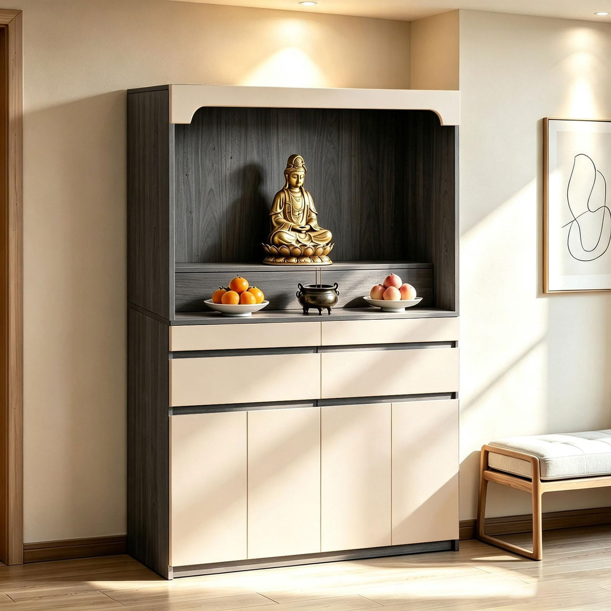 Altar Table Pooja Cabinet with Drawers and Storage Cabinets (47.2×15.7×65.4in / Beige+dark Gray Wood Tone)