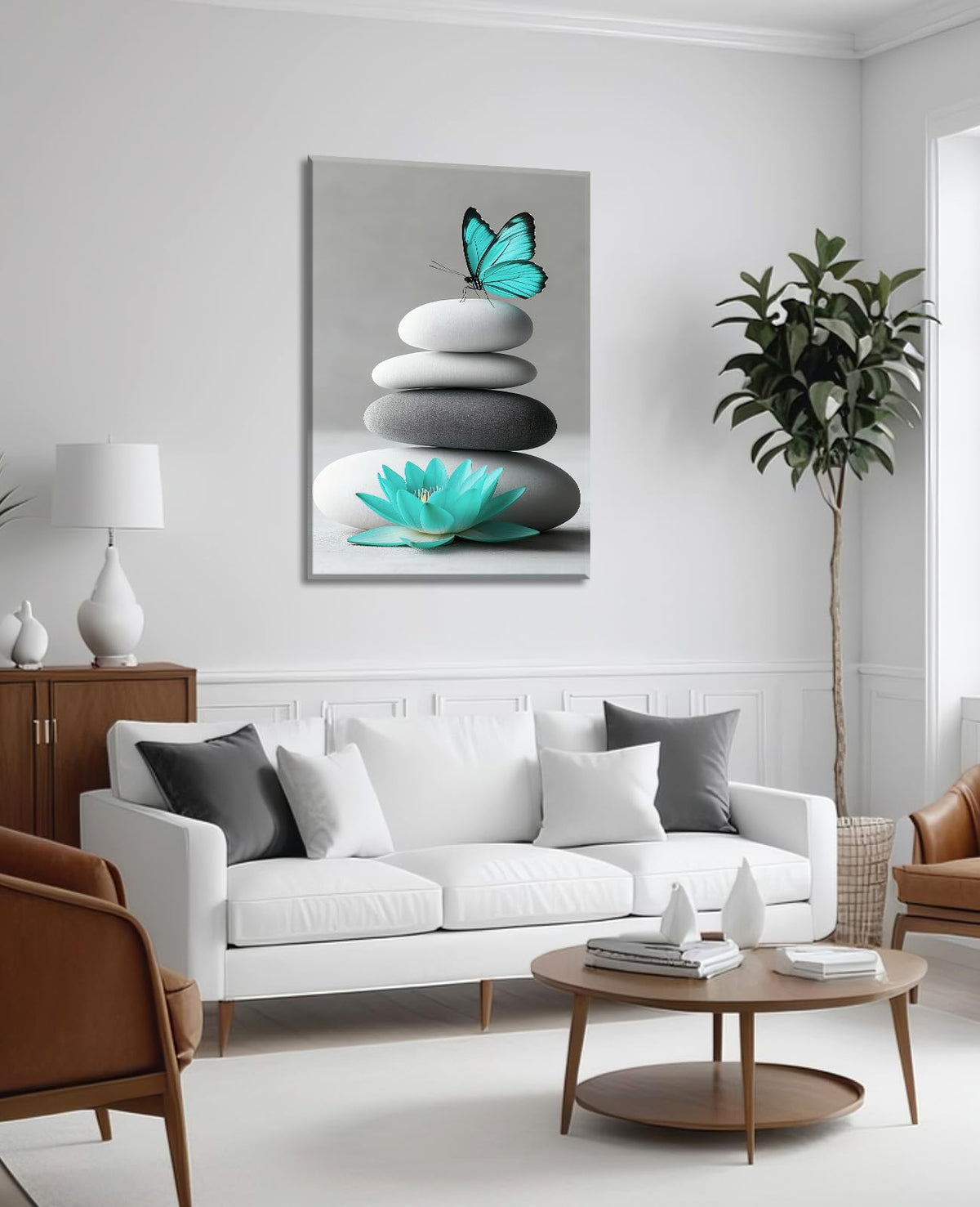 Zen Canvas Wall Art Lotus Decor Spa Stones and Butterfly Picture Water Lily Painting Teal Prints Meditation Artwork for Bathroom Spiritual Yoga Decor Framed (36"L x 24"W / E - Zen)