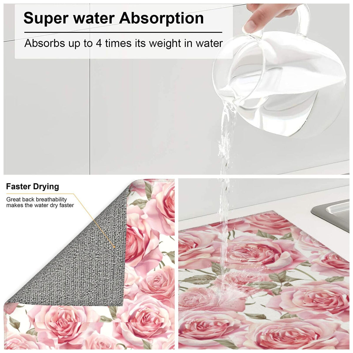 Pink Rose Dish Drying Mat For Kitchen Counter Romantic Floral Dry Mats Microfiber Dish Drainer Mat Protector Pad Absorbent Fast Drying Kitchen Must (Pink Rose / 18" x 16")