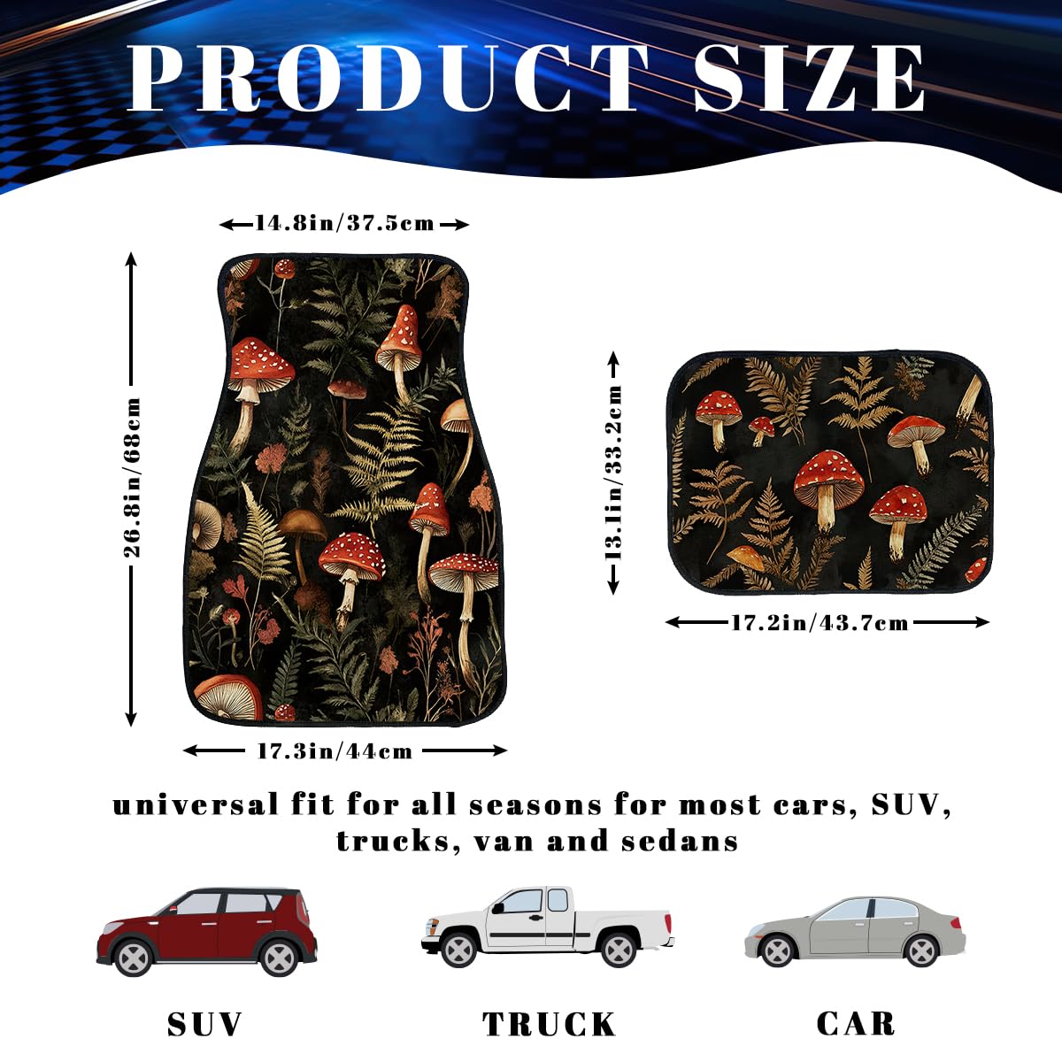 Mushroom Car Floor Mats Set of 4 Fern Dark Vintage Gothic Watercolor Carpet Front Rear Carpets Mat Non (26.8"L x 17.3"W x 0.4"Th / Mushroom)