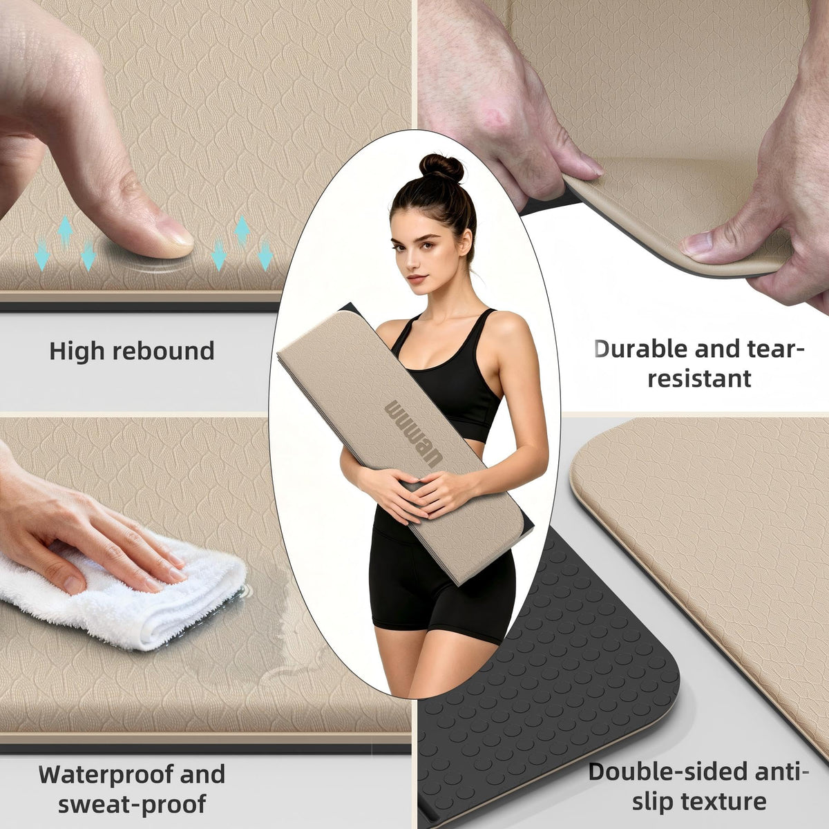 TPE Yoga Mat Foldable 8mm Thick Light Non (Beige&Black)