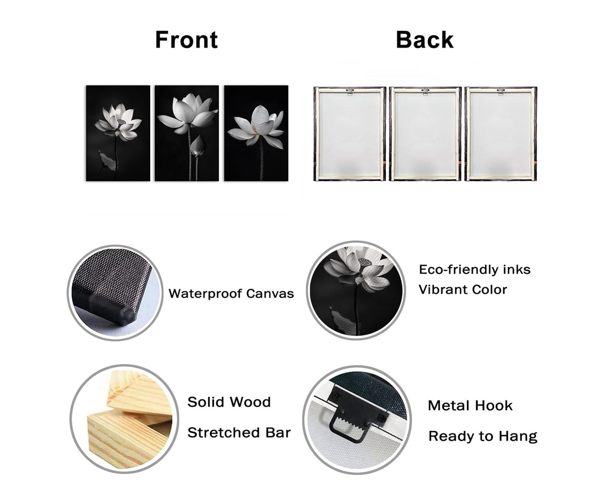 Large Zen Canvas Wall Art 3Pcs Lotus Picture Black and White Painting Meditation Spiritual Prints Zen Artwork for Living Room Bathroom Home Office Wall Decor Framed (Zen-10 / 24.00"x36.00"x3P)