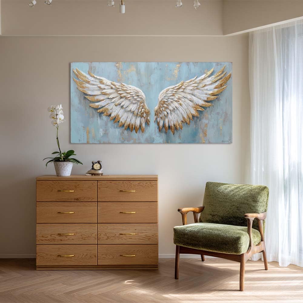 Angel Wings Canvas Wall Art Faux Gold Foil Light Blue Painting Flat Print Gallery Wrapped Spiritual Artwork for Living Room Bedroom Bathroom Decor (Retro / Angel Wings 32 / 40"L x 20"W)