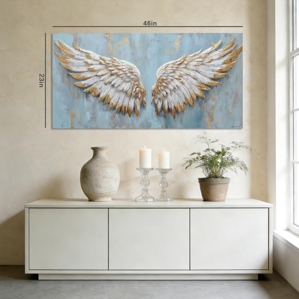 Angel Wings Canvas Wall Art Faux Gold Foil Light Blue Painting Flat Print Gallery Wrapped Spiritual Artwork for Living Room Bedroom Bathroom Decor (Retro / Angel Wings 32 / 40"L x 20"W)