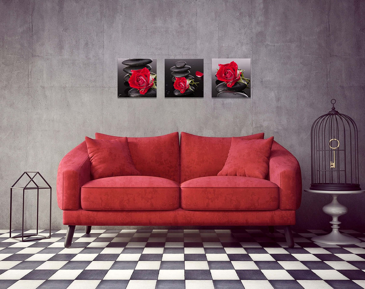 Red Canvas Wall Art Bedroom Wall Decor Black and White Zen Stones Spa Wall Art Rose Pictures for Living Room Kitchen Home Decorations Red Bathroom Accessories Flower Paintings Room Artwork (20 x 20 inches (3-Piece Set) / Rose & Zen Stone)