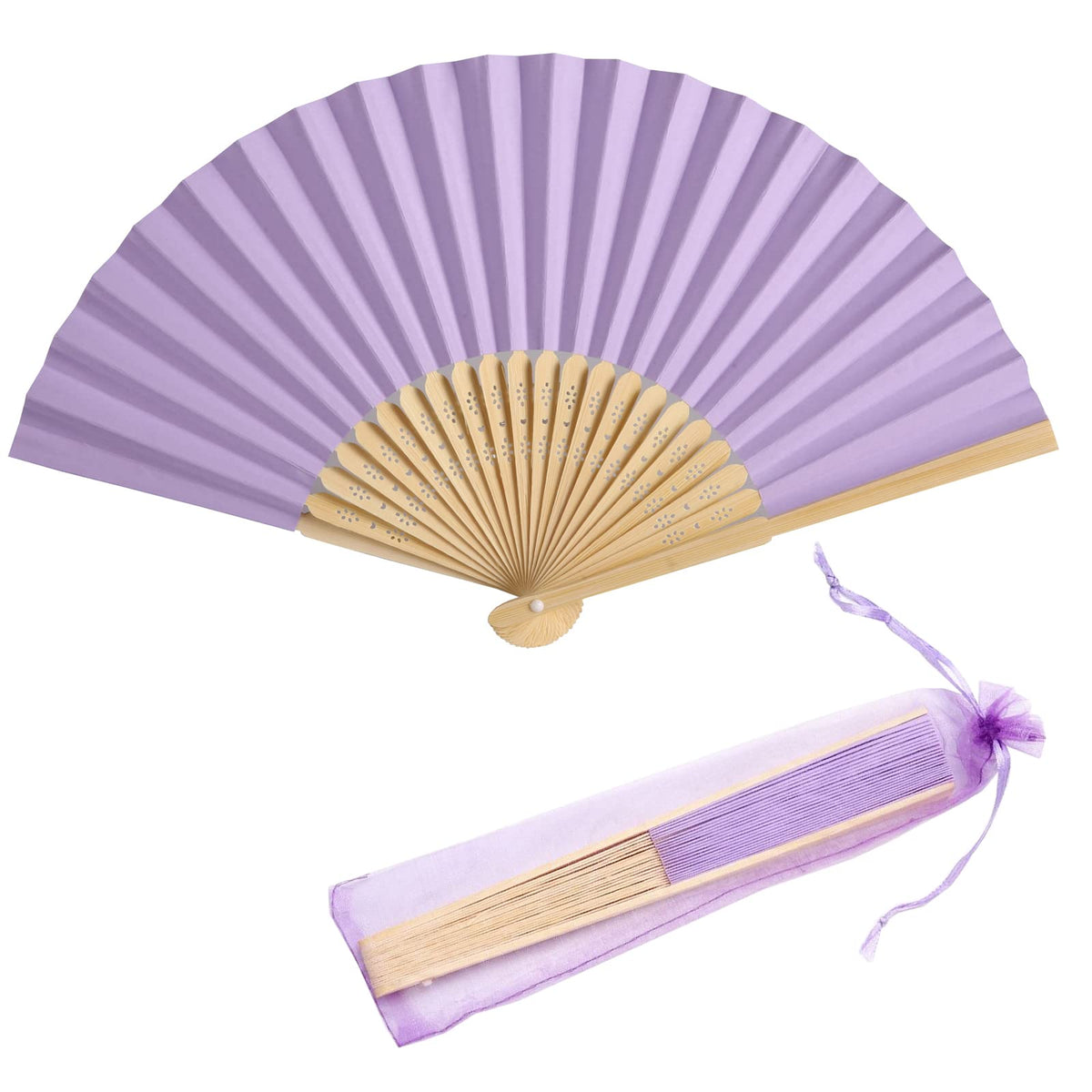 50pcs Paper Hand Fan with Organza Bags Bamboo Handheld Folding Fan DIY Decorative Wedding Party Favors (Light Purple)
